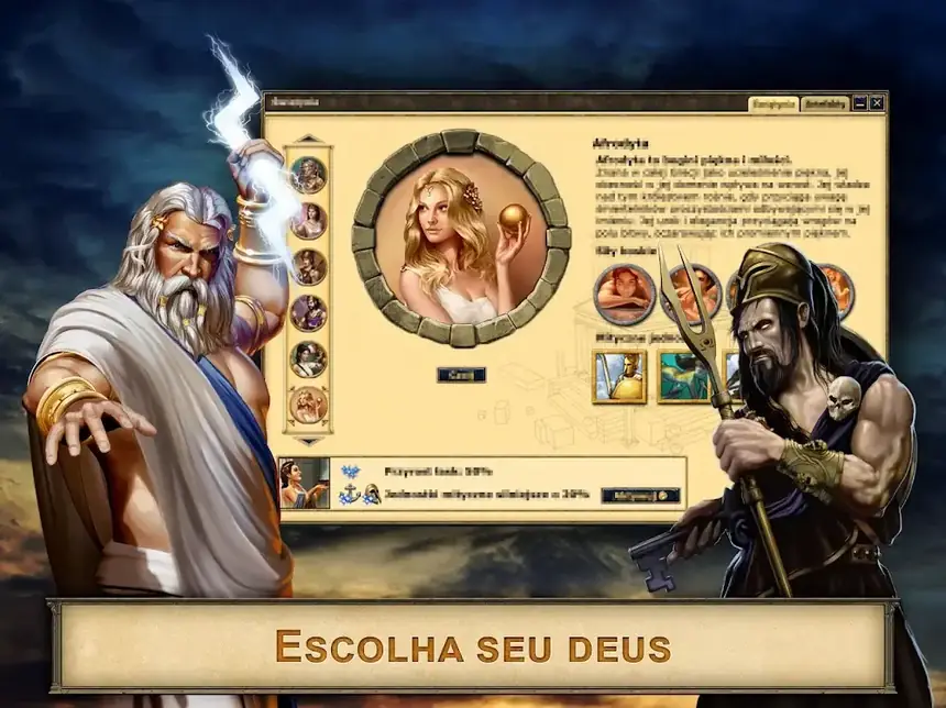 Grepolis: Zeus de raio na mão e outros deuses no ecrã de escolha