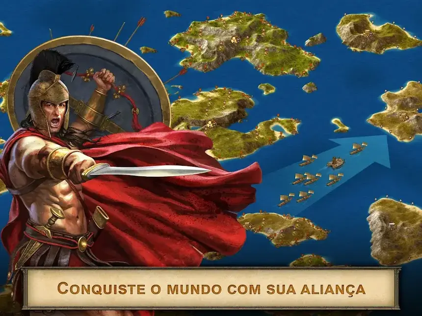 Grepolis: guerreiro de capa vermelha e o mapa das ilhas gregas
