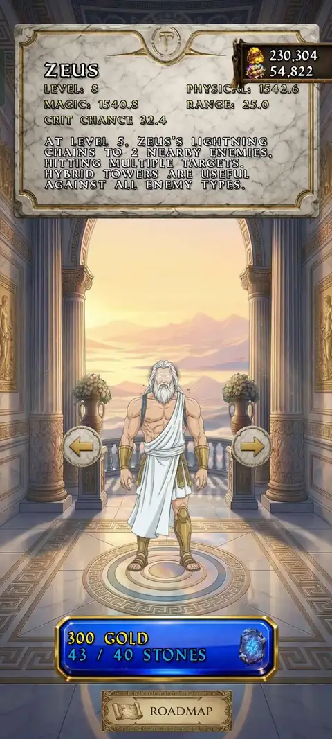 Ascendant Defense I: Olympus: ecrã de Zeus com nível, alcance e velocidade de ataque