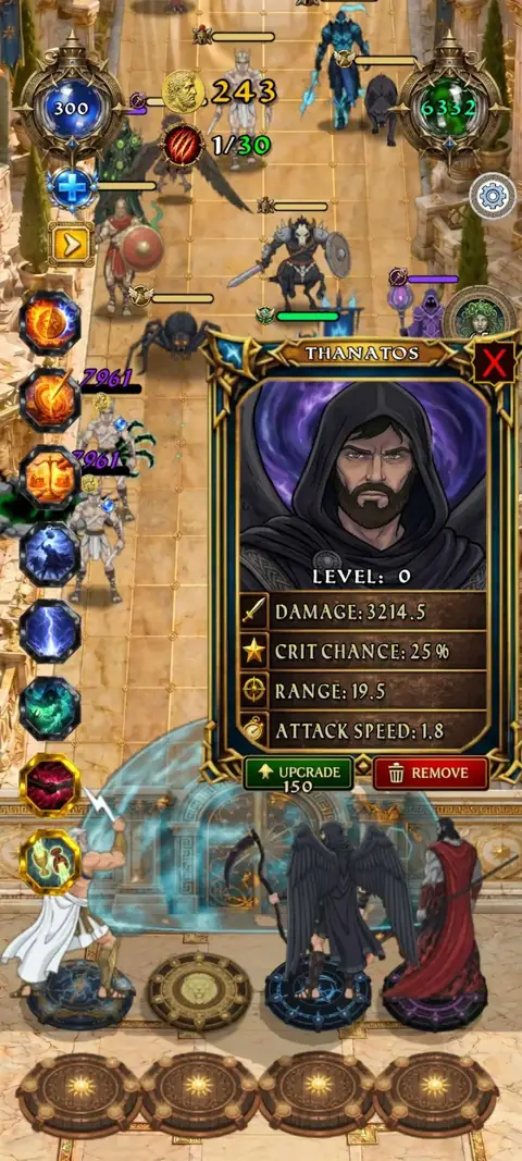 Ascendant Defense I: Olympus: torres alinhadas e ficha de Tânatos em plena partida